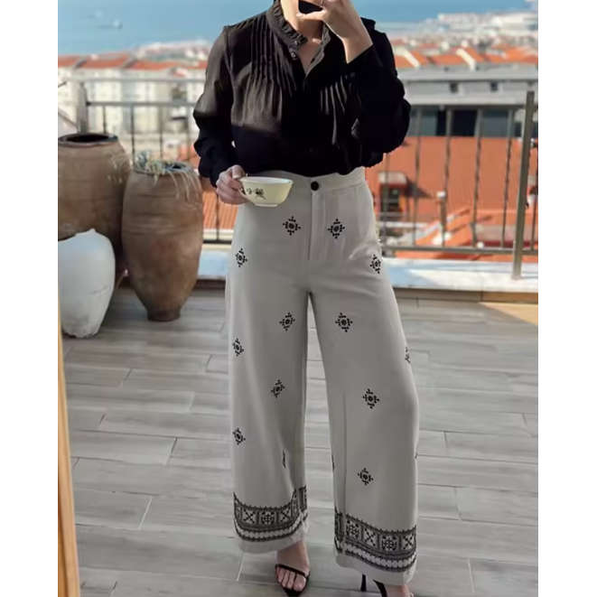 High Waisted Embroidered Linen Pants
