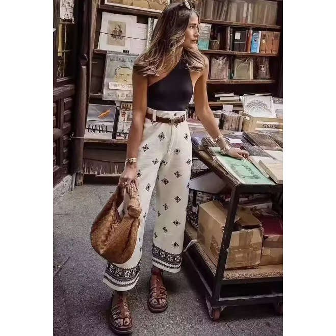 High Waisted Embroidered Linen Pants
