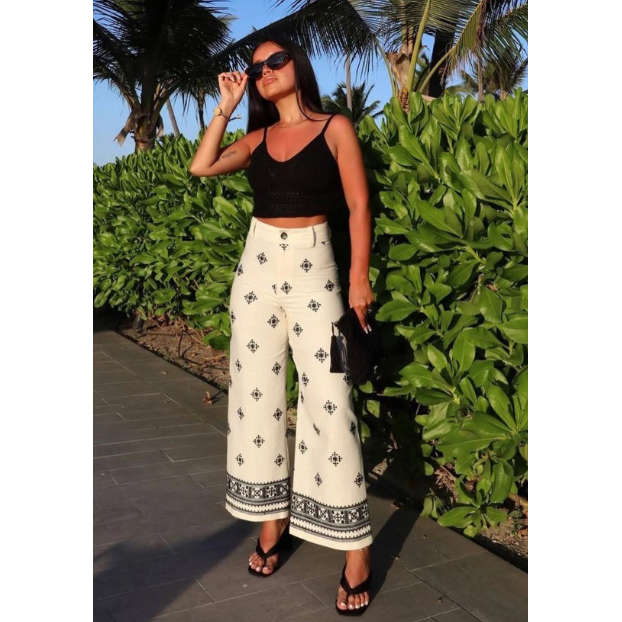 High Waisted Embroidered Linen Pants