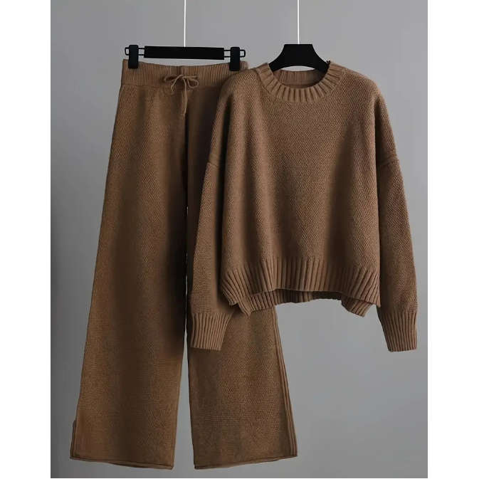 O-Neck Blouse Drawstring Wide Leg Long Pants Sweater Sets