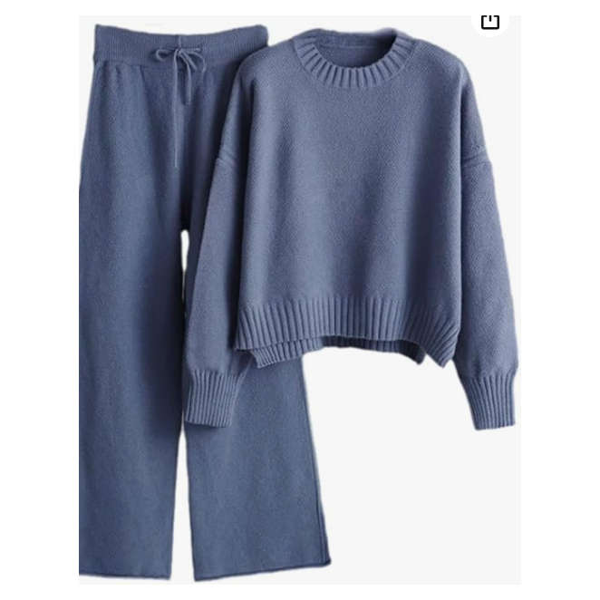 O-Neck Blouse Drawstring Wide Leg Long Pants Sweater Sets
