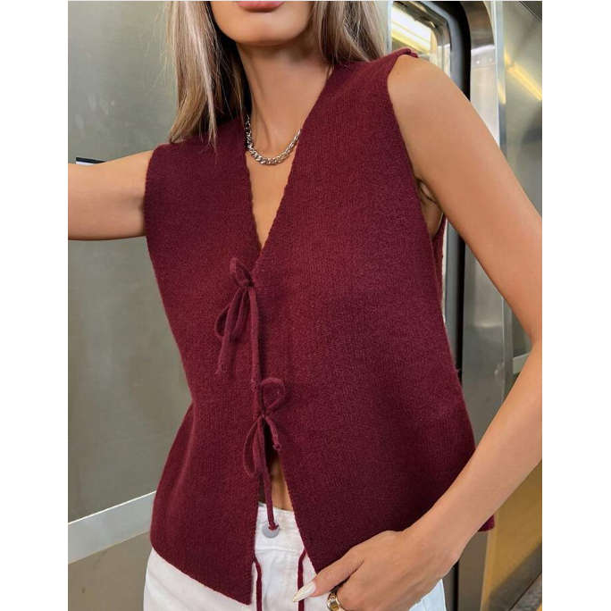 Tie Front String Panel Short Sleeve Waistcoat