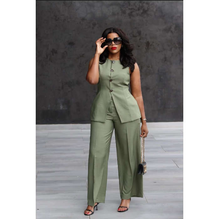 Sleeveless Button Front Vest Blazer & Wide Leg Pants