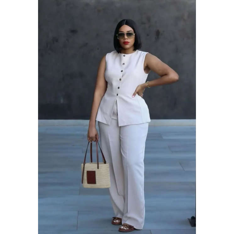 Sleeveless Button Front Vest Blazer & Wide Leg Pants