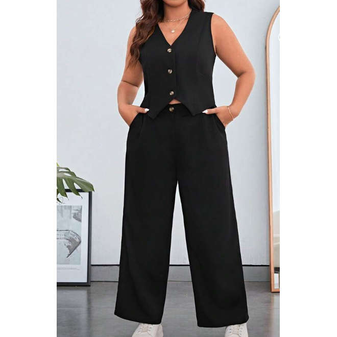 Sleeveless Button Front Vest Blazer & Wide Leg Pants
