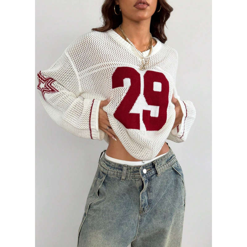 Unisex Style Knit Striped & Number Printed Cover Up Sweater