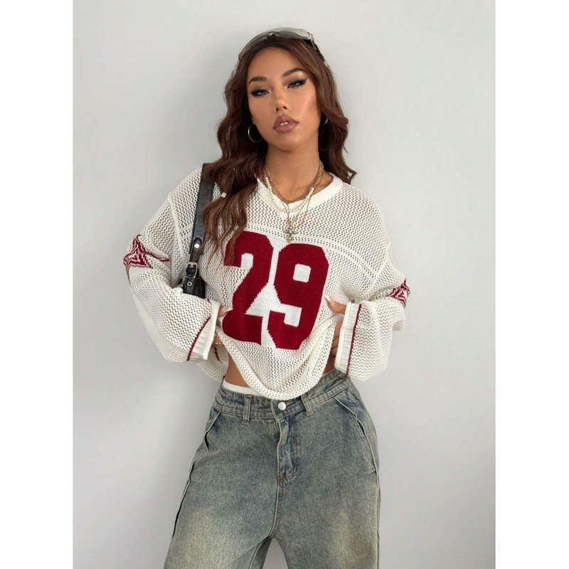 Unisex Style Knit Striped & Number Printed Cover Up Sweater