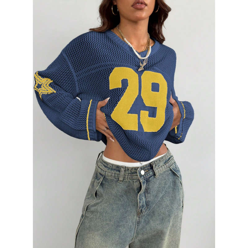 Unisex Style Knit Striped & Number Printed Cover Up Sweater