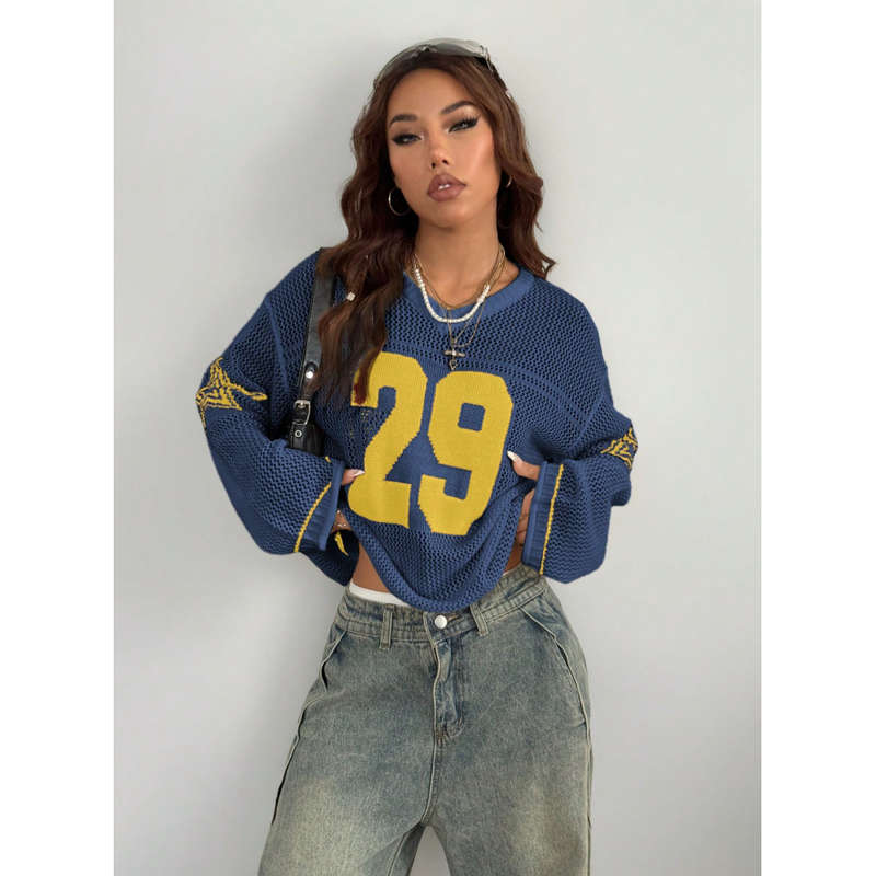 Unisex Style Knit Striped & Number Printed Cover Up Sweater