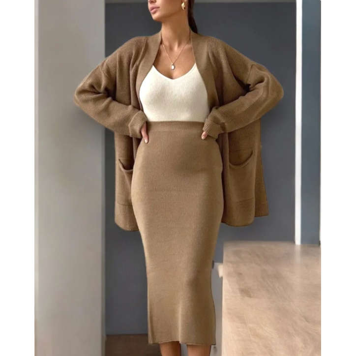 Fashion Cardigan High Waisted Pencil Skirt Knit Sweater Set