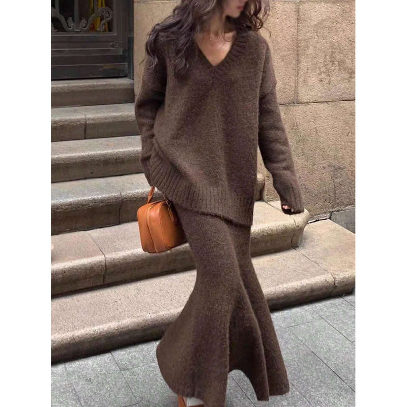 Knitted Sweater Set - Half Sleeve, Casual Autumn/Winter Two Piece Outfit