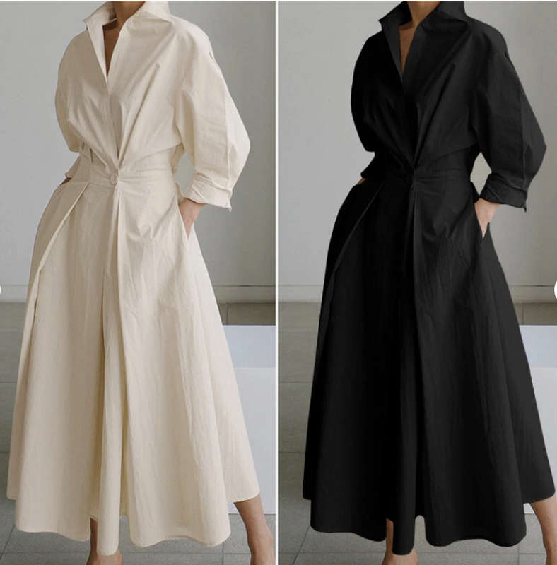 Long Sleeve Spring Elegant Lapel Neck Sundress