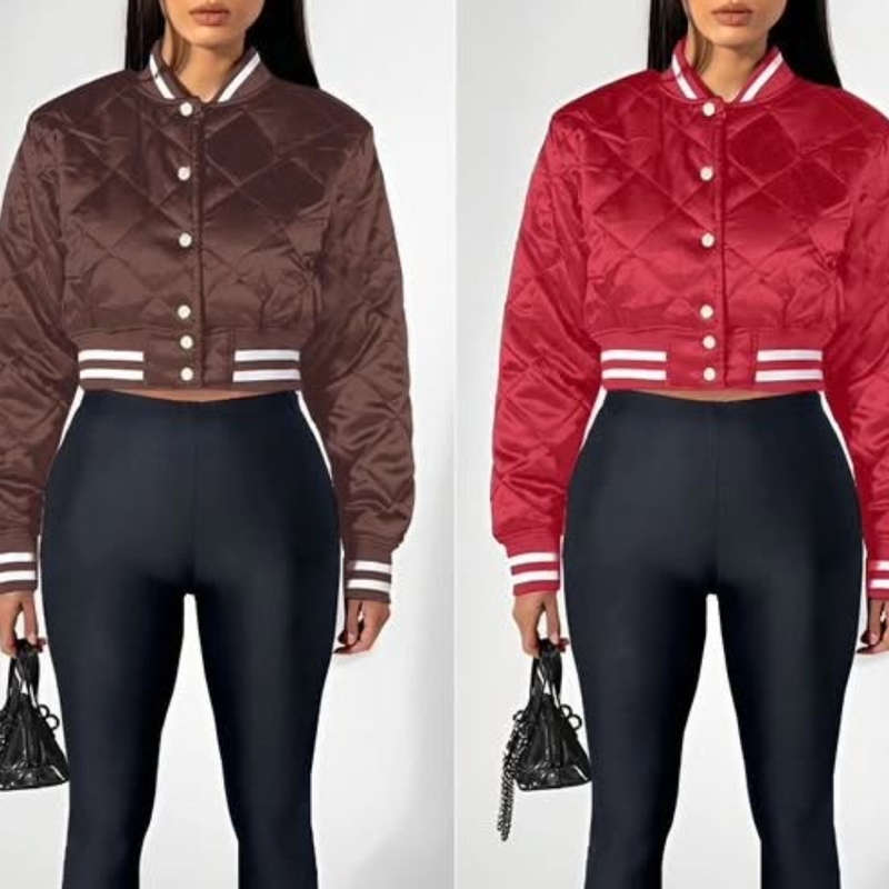 Quilted Bomber Jacket Lightweight Button Down Cropped Varsity Jacket