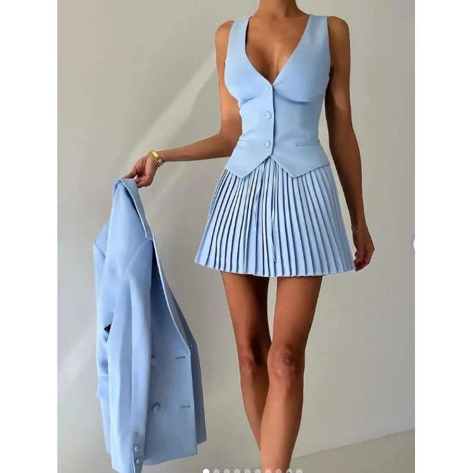 Crop Vest, Long Sleeve Blazer And Pleated Mini Skirt 2 Pieces Set