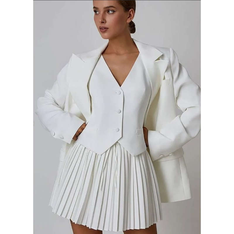 Crop Vest, Long Sleeve Blazer And Pleated Mini Skirt 2 Pieces Set