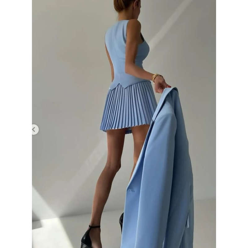 Crop Vest, Long Sleeve Blazer And Pleated Mini Skirt 2 Pieces Set