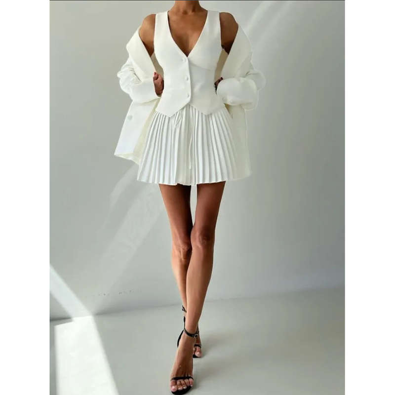Crop Vest, Long Sleeve Blazer And Pleated Mini Skirt 2 Pieces Set