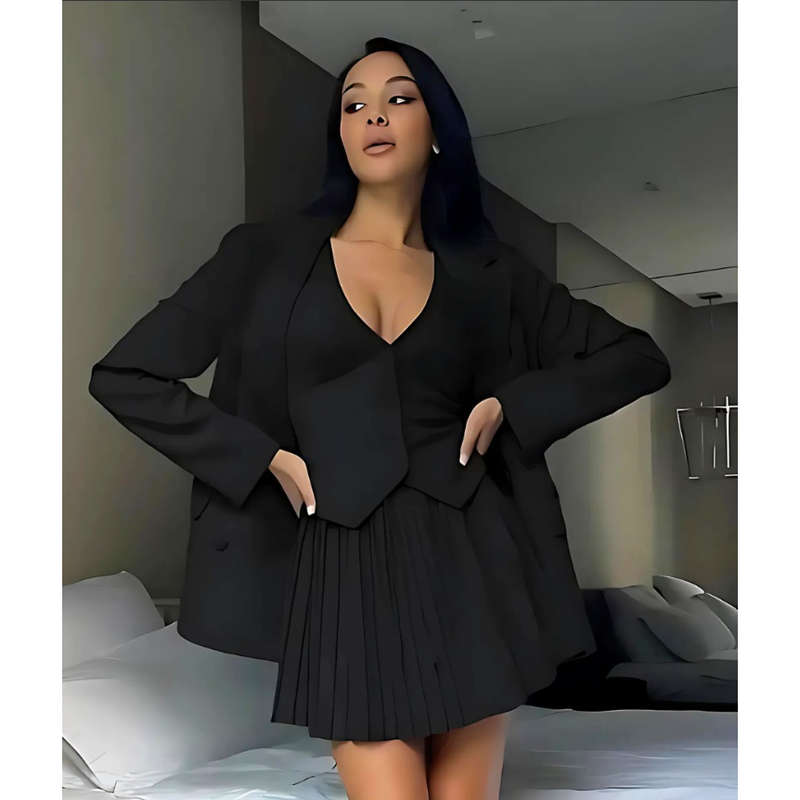 Crop Vest, Long Sleeve Blazer And Pleated Mini Skirt 2 Pieces Set