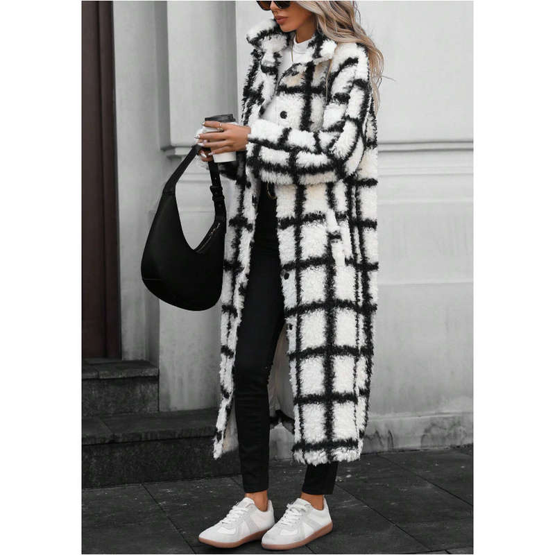 Plus Size Collar Plus Plaid Print Drop Shoulder Overcoat