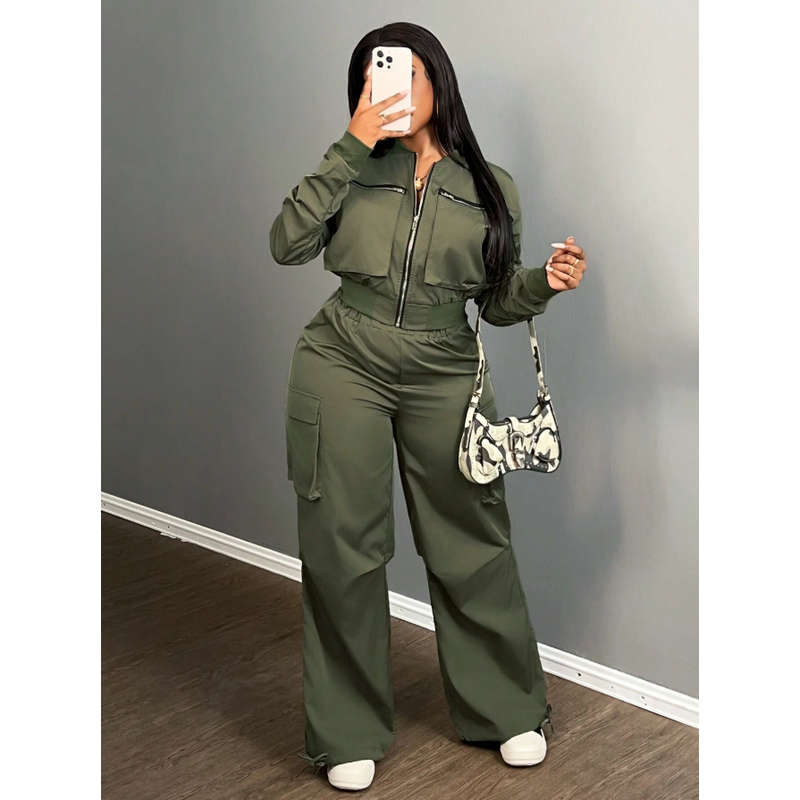Front Zipper Long Sleeve Casual Jacket And Pants 2pcs Set