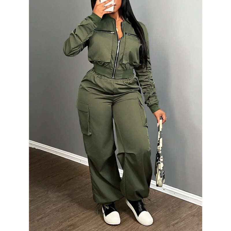 Front Zipper Long Sleeve Casual Jacket And Pants 2pcs Set
