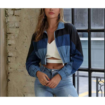 Lapel Zipper Sleeve Distressed Crop Denim Jean Jacket