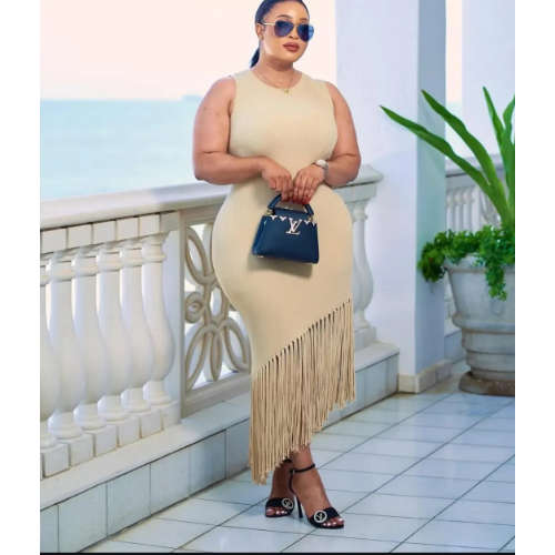 Womans Knitted Tussle Midi Fringe Dress