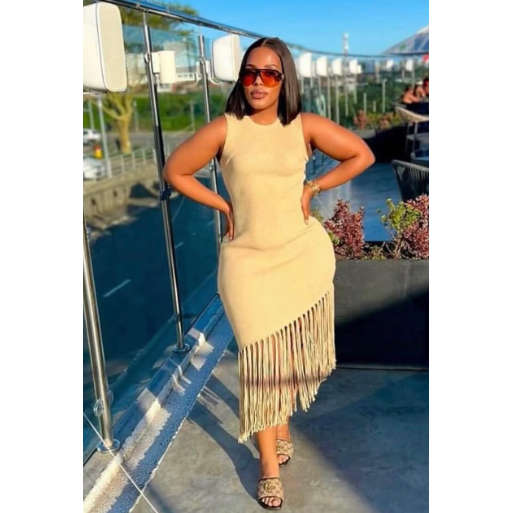 Womans Knitted Tussle Midi Fringe Dress