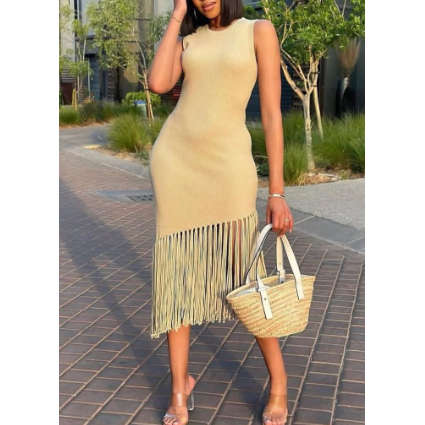 Womans Knitted Tussle Midi Fringe Dress