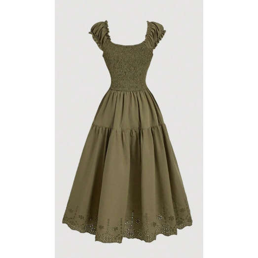 Vintage Chest Back Solid Color Lace Summer Dress