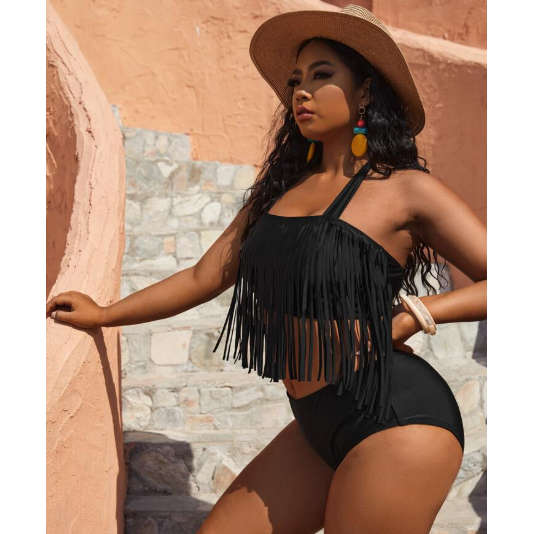 Plus Size Retro Tassel High Waist Swimwear Swimsuit Bikini Sets