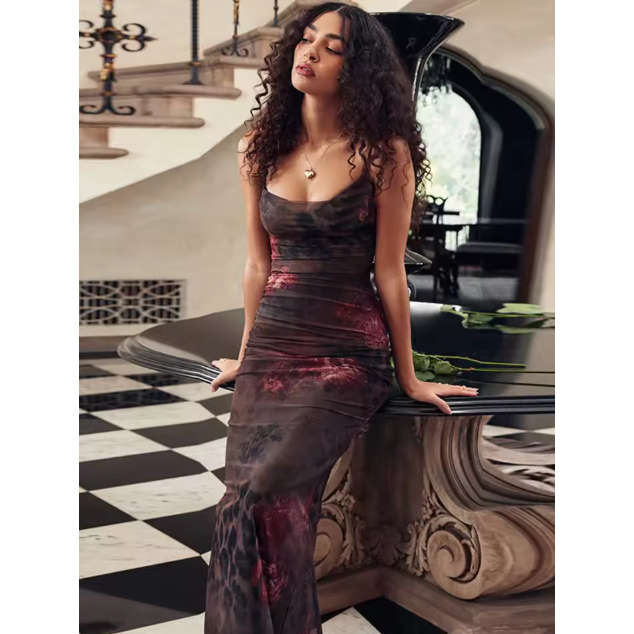 Spaghetti Strap Print Sleeveless Bodycon Long Dress