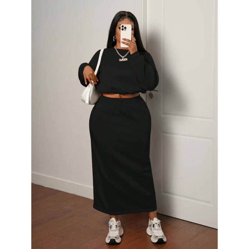 Sexy Knitted Long Sleeve Top & Midi Skirt 2 Piece Set