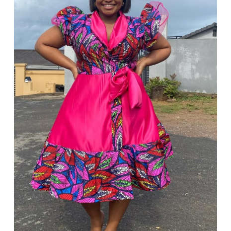 Lace Puffy Short Sleeve Wrap Around Pocket African Traditional Dress