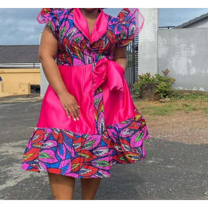 Lace Puffy Short Sleeve Wrap Around Pocket African Traditional Dress