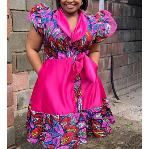 Lace Puffy Short Sleeve Wrap Around Pocket African Traditional Dress