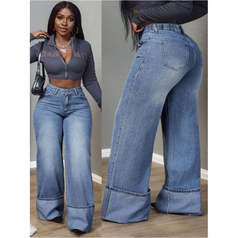 Plus Size Women Pockets Flared Wide Leg Loose Casual Versatile Denim Jeans