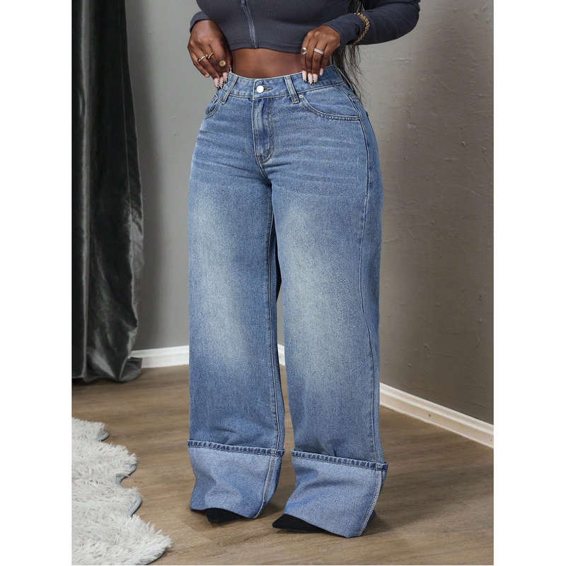 Plus Size Women Pockets Flared Wide Leg Loose Casual Versatile Denim Jeans