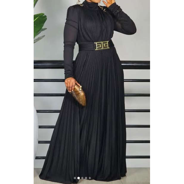 Satin A Line Long Sleeve Pleated High-neck Maxi Dress