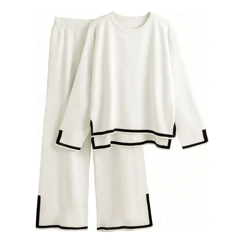 Knitted Sweater Tracksuits Split Up Pullover Top & Wide Leg Pants Set