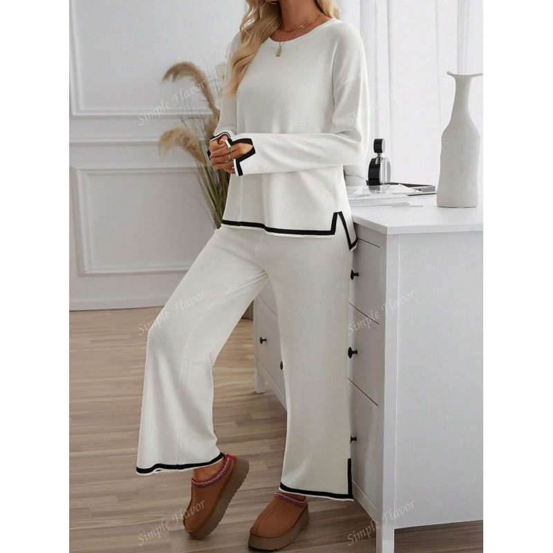Knitted Sweater Tracksuits Split Up Pullover Top & Wide Leg Pants Set