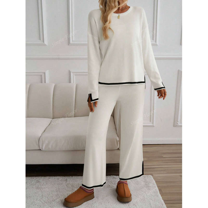 Knitted Sweater Tracksuits Split Up Pullover Top & Wide Leg Pants Set