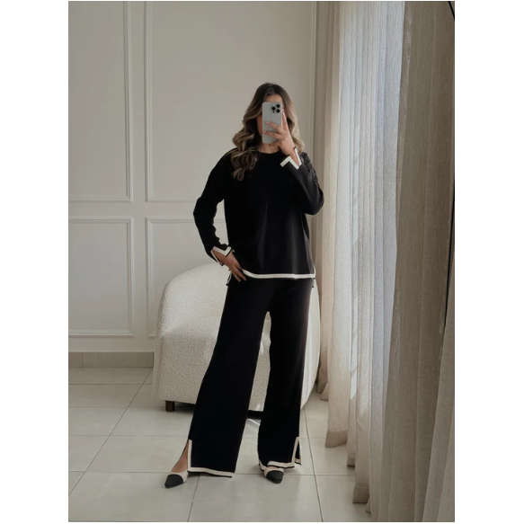 Knitted Sweater Tracksuits Split Up Pullover Top & Wide Leg Pants Set