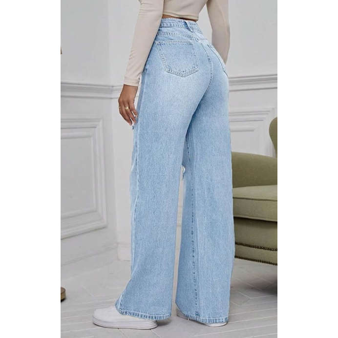 Wide Leg High Waist Distress Jeans