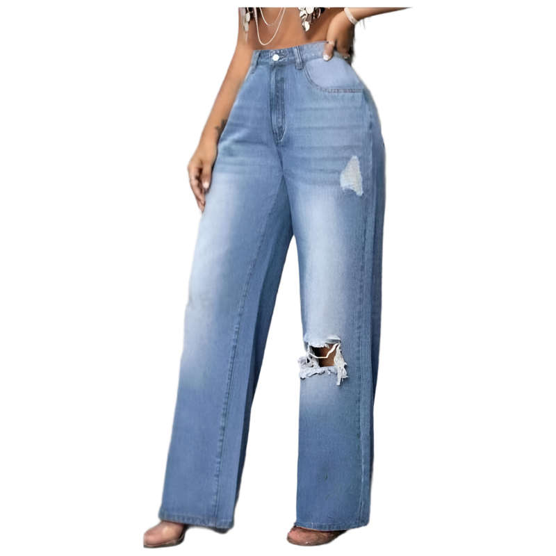 High-Waist Elastic Zipper Closure Casual Denim Jeans  Pants