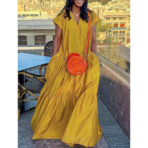 Short Sleeves Pleated V-Neck Maxi Dress