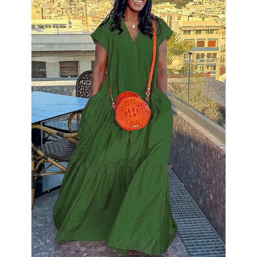 Short Sleeves Pleated V-Neck Maxi Dress
