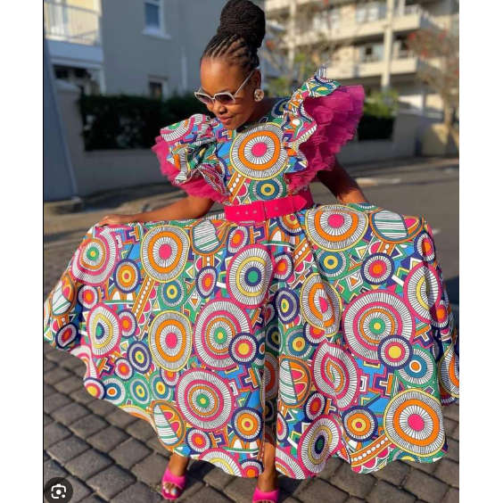 Lace Shoulder Multi Color African Print Dress