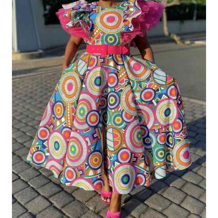 Lace Shoulder Multi Color African Print Dress