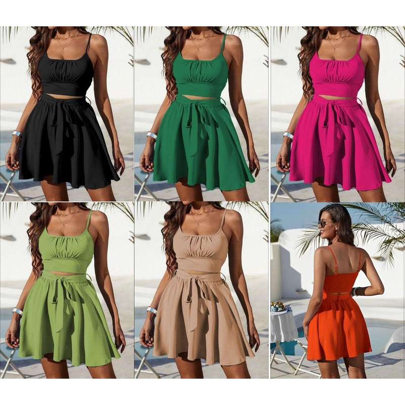 Sleeveless Crop Cami Top & Belted Skirt Set.